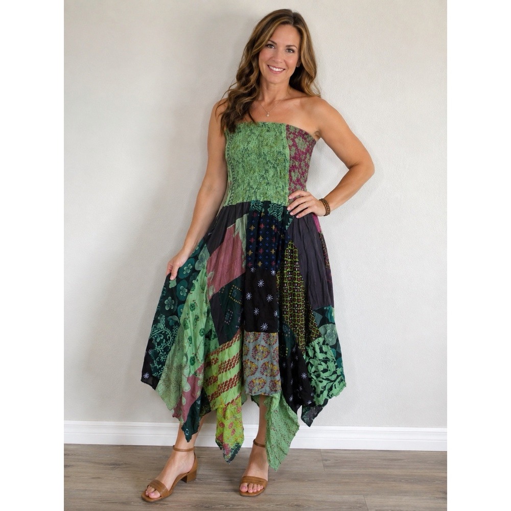 Boho Smocked Convertible Dress Skirt OS Floral Patchwork Sharkbite Hem